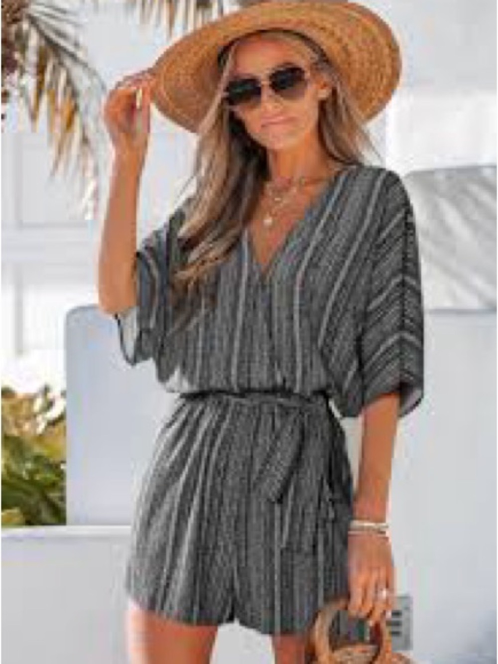 Cupshe Women’s Black Stripe V-Neck Swim Cover-Up Romper